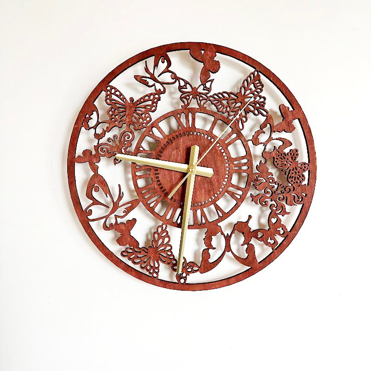 Butterfly Garden Wall Clock, Laser Cut Floral Clock, Cherry Wood Stained Birch Plywood, Silent Wall Decor, Nature Inspired Home Art