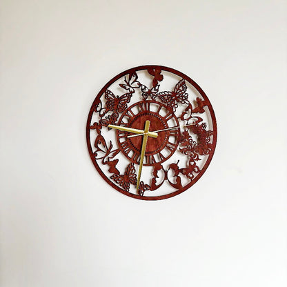 Butterfly Garden Wall Clock, Laser Cut Floral Clock, Cherry Wood Stained Birch Plywood, Silent Wall Decor, Nature Inspired Home Art