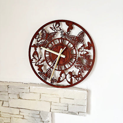 Butterfly Garden Wall Clock, Laser Cut Floral Clock, Cherry Wood Stained Birch Plywood, Silent Wall Decor, Nature Inspired Home Art