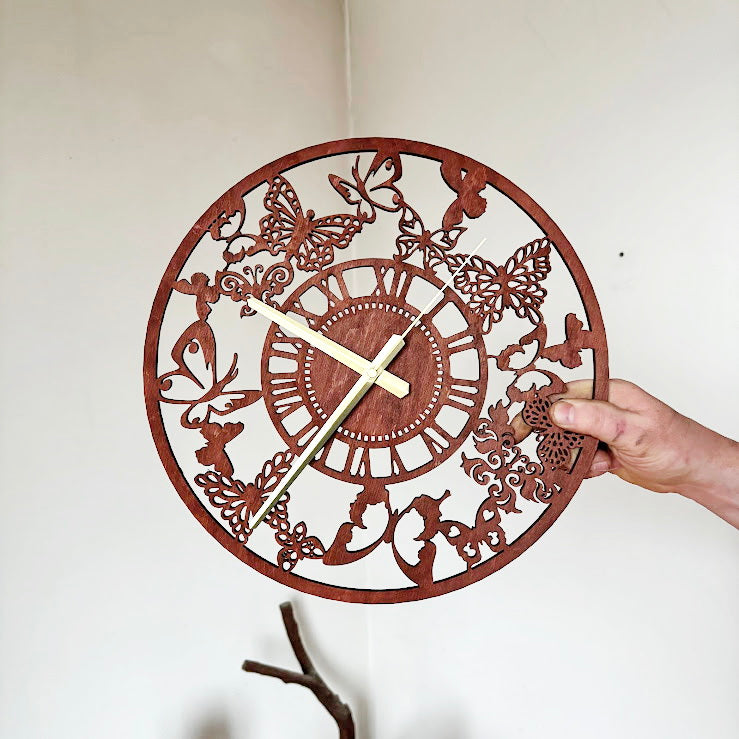 Butterfly Garden Wall Clock, Laser Cut Floral Clock, Cherry Wood Stained Birch Plywood, Silent Wall Decor, Nature Inspired Home Art