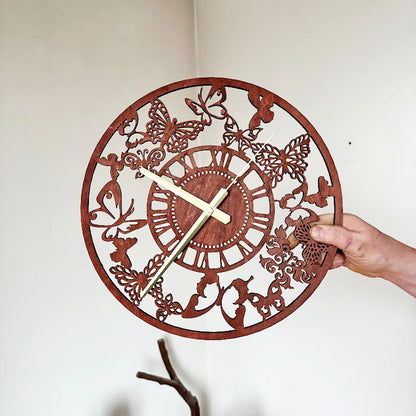 Butterfly Garden Wall Clock, Laser Cut Floral Clock, Cherry Wood Stained Birch Plywood, Silent Wall Decor, Nature Inspired Home Art