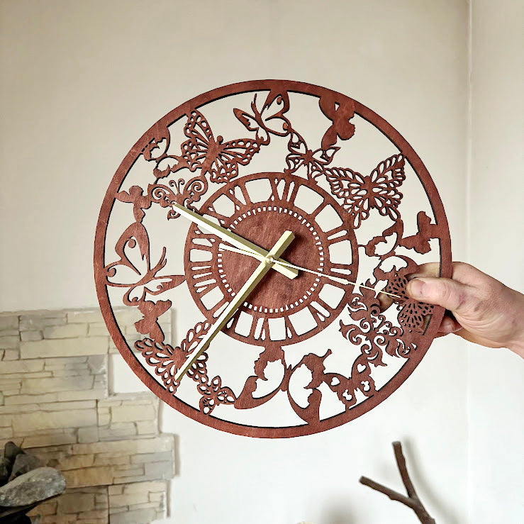 Butterfly Garden Wall Clock, Laser Cut Floral Clock, Cherry Wood Stained Birch Plywood, Silent Wall Decor, Nature Inspired Home Art