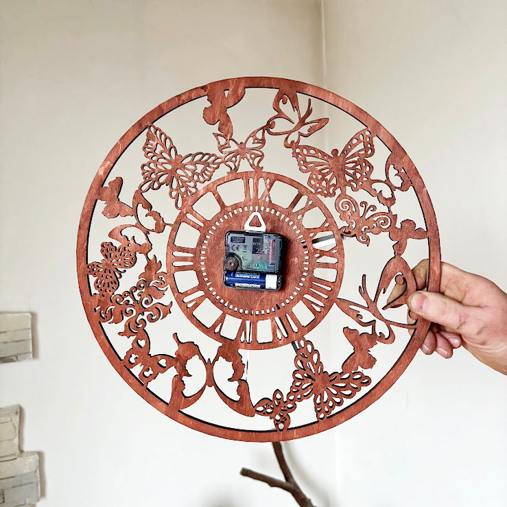 Butterfly Garden Wall Clock, Laser Cut Floral Clock, Cherry Wood Stained Birch Plywood, Silent Wall Decor, Nature Inspired Home Art