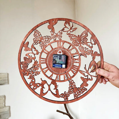 Butterfly Garden Wall Clock, Laser Cut Floral Clock, Cherry Wood Stained Birch Plywood, Silent Wall Decor, Nature Inspired Home Art