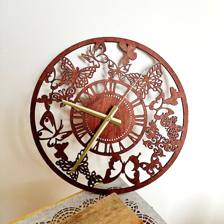 Butterfly Garden Wall Clock, Laser Cut Floral Clock, Cherry Wood Stained Birch Plywood, Silent Wall Decor, Nature Inspired Home Art