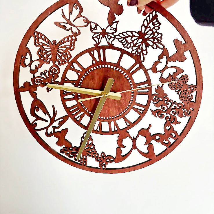 Butterfly Garden Wall Clock, Laser Cut Floral Clock, Cherry Wood Stained Birch Plywood, Silent Wall Decor, Nature Inspired Home Art