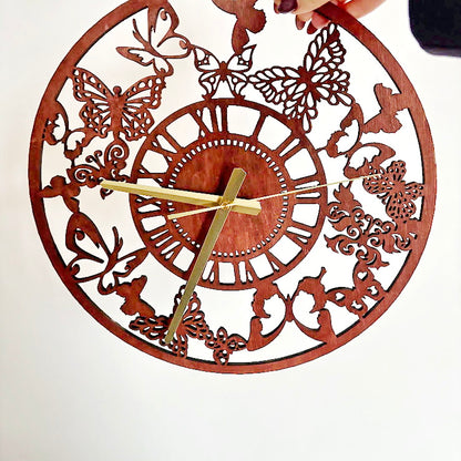 Butterfly Garden Wall Clock, Laser Cut Floral Clock, Cherry Wood Stained Birch Plywood, Silent Wall Decor, Nature Inspired Home Art