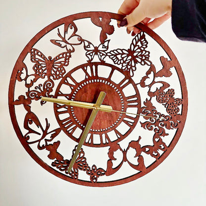 Butterfly Garden Wall Clock, Laser Cut Floral Clock, Cherry Wood Stained Birch Plywood, Silent Wall Decor, Nature Inspired Home Art