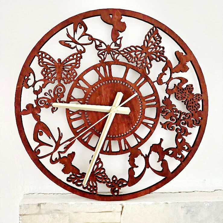 Butterfly Garden Wall Clock, Laser Cut Floral Clock, Cherry Wood Stained Birch Plywood, Silent Wall Decor, Nature Inspired Home Art