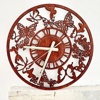 Butterfly Garden Wall Clock, Laser Cut Floral Clock, Cherry Wood Stained Birch Plywood, Silent Wall Decor, Nature Inspired Home Art
