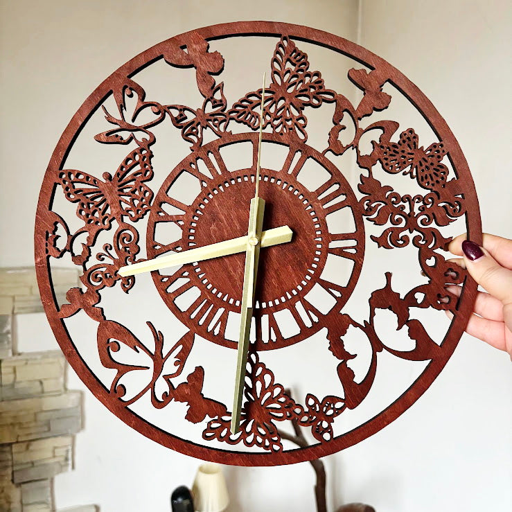 Butterfly Garden Wall Clock, Laser Cut Floral Clock, Cherry Wood Stained Birch Plywood, Silent Wall Decor, Nature Inspired Home Art