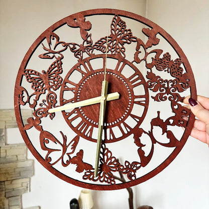 Butterfly Garden Wall Clock, Laser Cut Floral Clock, Cherry Wood Stained Birch Plywood, Silent Wall Decor, Nature Inspired Home Art