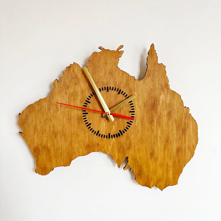 Australia Map Wall Clock, Birch Plywood Wall Art, Wooden Clock with Oak Stain, Minimalist Home Decor, Large Wall Clock