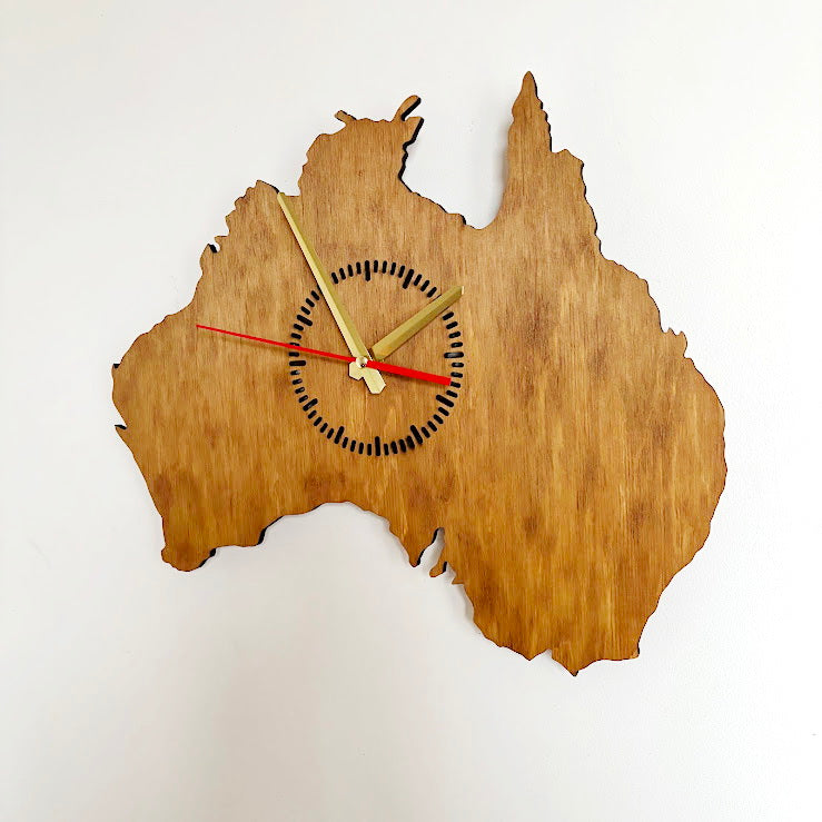 Australia Map Wall Clock, Birch Plywood Wall Art, Wooden Clock with Oak Stain, Minimalist Home Decor, Large Wall Clock