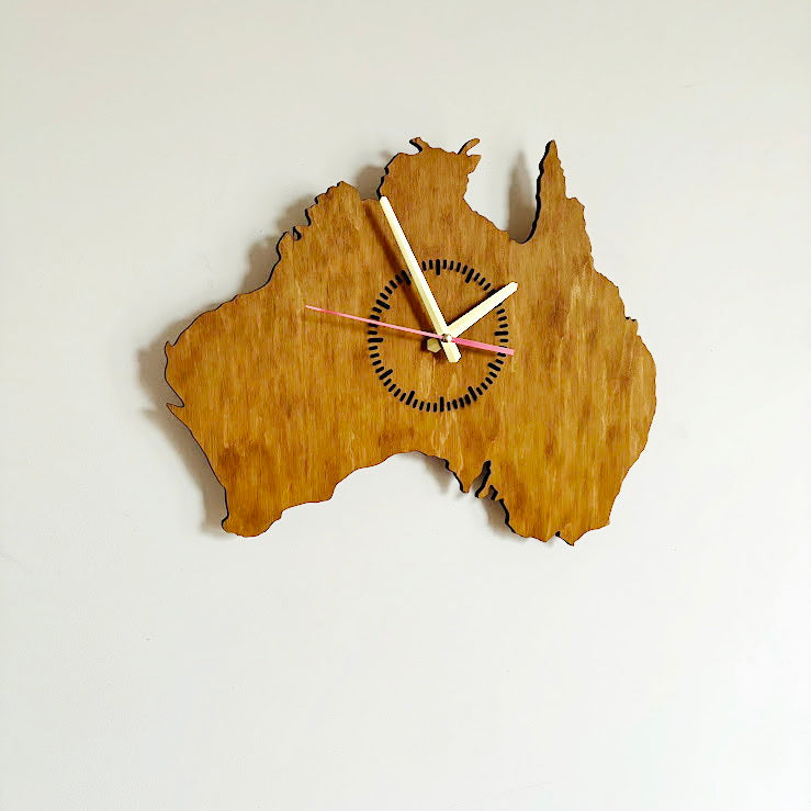 Australia Map Wall Clock, Birch Plywood Wall Art, Wooden Clock with Oak Stain, Minimalist Home Decor, Large Wall Clock