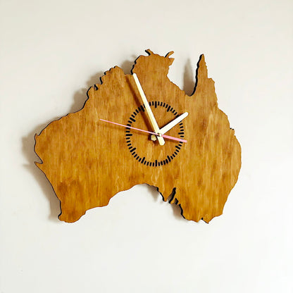 Australia Map Wall Clock, Birch Plywood Wall Art, Wooden Clock with Oak Stain, Minimalist Home Decor, Large Wall Clock