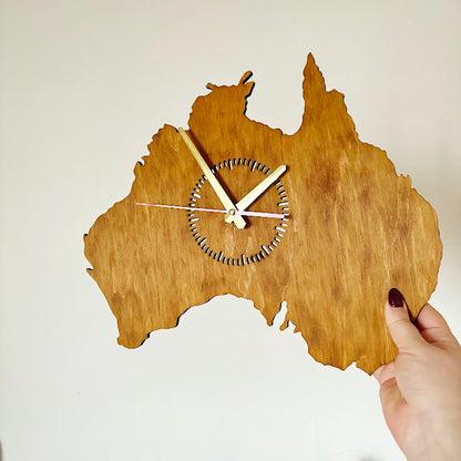 Australia Map Wall Clock, Birch Plywood Wall Art, Wooden Clock with Oak Stain, Minimalist Home Decor, Large Wall Clock
