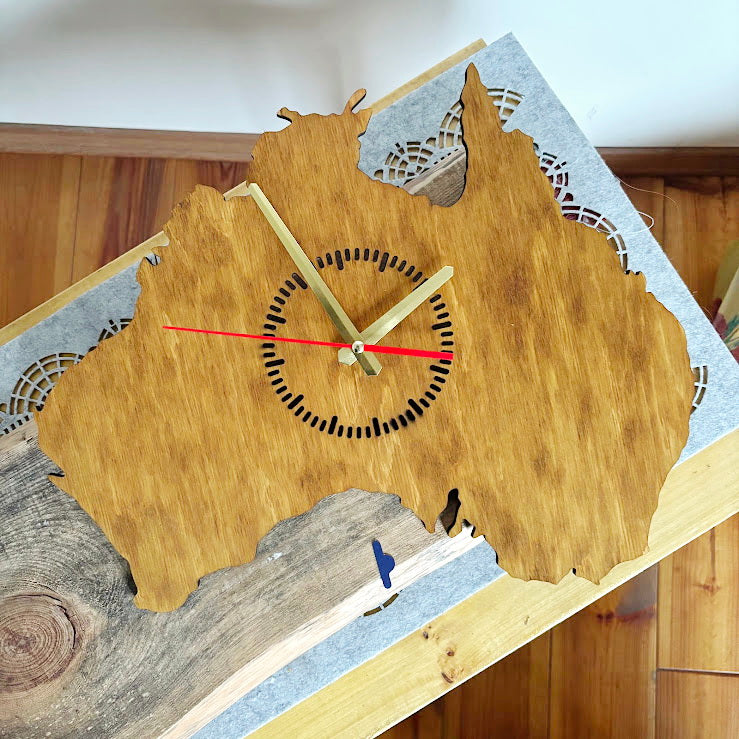 Australia Map Wall Clock, Birch Plywood Wall Art, Wooden Clock with Oak Stain, Minimalist Home Decor, Large Wall Clock