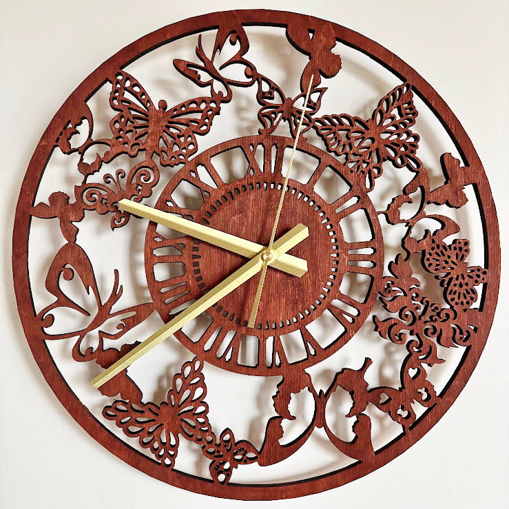 Butterfly Garden Wall Clock, Laser Cut Floral Clock, Cherry Wood Stained Birch Plywood, Silent Wall Decor, Nature Inspired Home Art