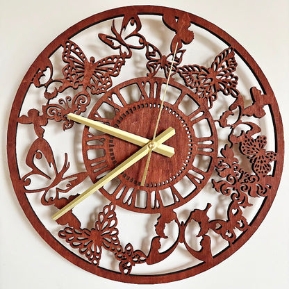 Butterfly Garden Wall Clock, Laser Cut Floral Clock, Cherry Wood Stained Birch Plywood, Silent Wall Decor, Nature Inspired Home Art