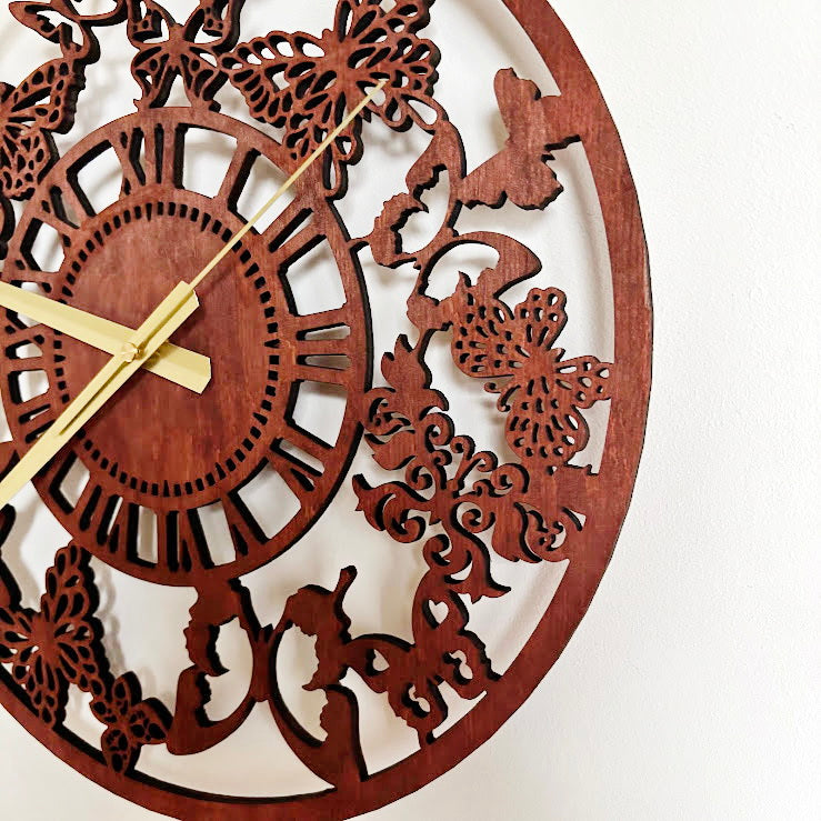 Butterfly Garden Wall Clock, Laser Cut Floral Clock, Cherry Wood Stained Birch Plywood, Silent Wall Decor, Nature Inspired Home Art
