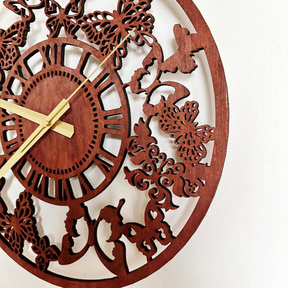 Butterfly Garden Wall Clock, Laser Cut Floral Clock, Cherry Wood Stained Birch Plywood, Silent Wall Decor, Nature Inspired Home Art