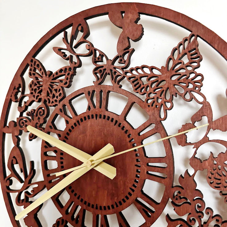 Butterfly Garden Wall Clock, Laser Cut Floral Clock, Cherry Wood Stained Birch Plywood, Silent Wall Decor, Nature Inspired Home Art