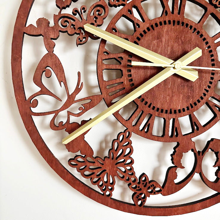 Butterfly Garden Wall Clock, Laser Cut Floral Clock, Cherry Wood Stained Birch Plywood, Silent Wall Decor, Nature Inspired Home Art