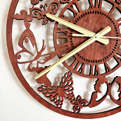 Butterfly Garden Wall Clock, Laser Cut Floral Clock, Cherry Wood Stained Birch Plywood, Silent Wall Decor, Nature Inspired Home Art