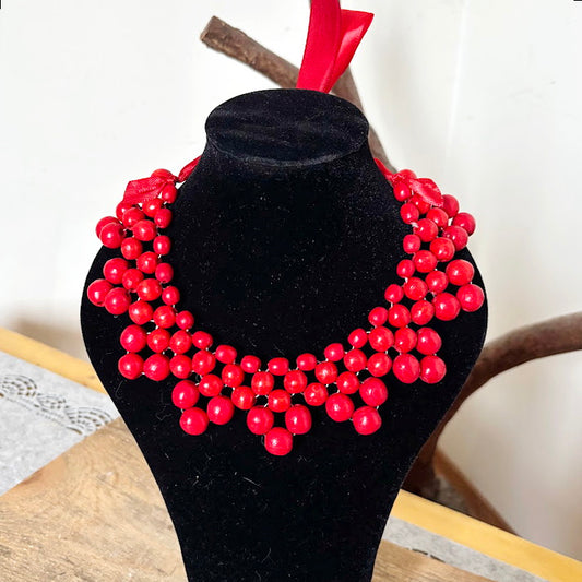 Red Wooden Bead Necklace, Chunky Ukrainian Style Statement Jewelry, Boho Red Berry Bib Necklace with Ribbon Tie, Handmade Gift for Her