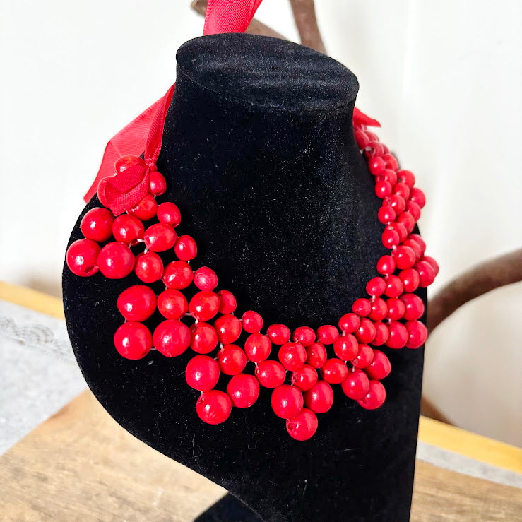 Red Wooden Bead Necklace, Chunky Ukrainian Style Statement Jewelry, Boho Red Berry Bib Necklace with Ribbon Tie, Handmade Gift for Her