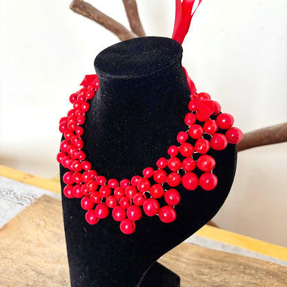 Red Wooden Bead Necklace, Chunky Ukrainian Style Statement Jewelry, Boho Red Berry Bib Necklace with Ribbon Tie, Handmade Gift for Her