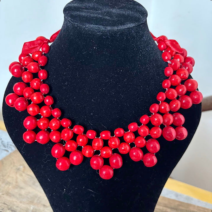 Red Wooden Bead Necklace, Chunky Ukrainian Style Statement Jewelry, Boho Red Berry Bib Necklace with Ribbon Tie, Handmade Gift for Her
