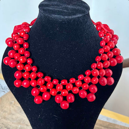 Red Wooden Bead Necklace, Chunky Ukrainian Style Statement Jewelry, Boho Red Berry Bib Necklace with Ribbon Tie, Handmade Gift for Her