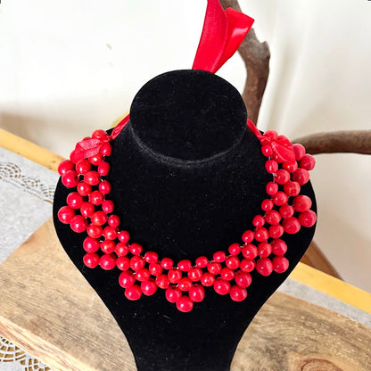 Red Wooden Bead Necklace, Chunky Ukrainian Style Statement Jewelry, Boho Red Berry Bib Necklace with Ribbon Tie, Handmade Gift for Her
