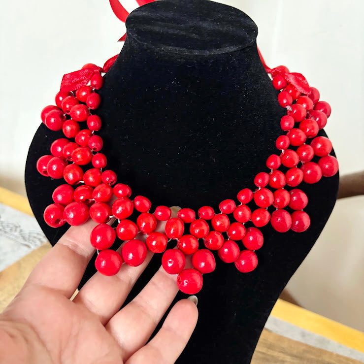 Red Wooden Bead Necklace, Chunky Ukrainian Style Statement Jewelry, Boho Red Berry Bib Necklace with Ribbon Tie, Handmade Gift for Her