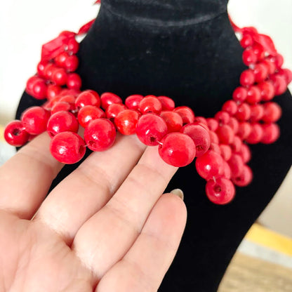 Red Wooden Bead Necklace, Chunky Ukrainian Style Statement Jewelry, Boho Red Berry Bib Necklace with Ribbon Tie, Handmade Gift for Her