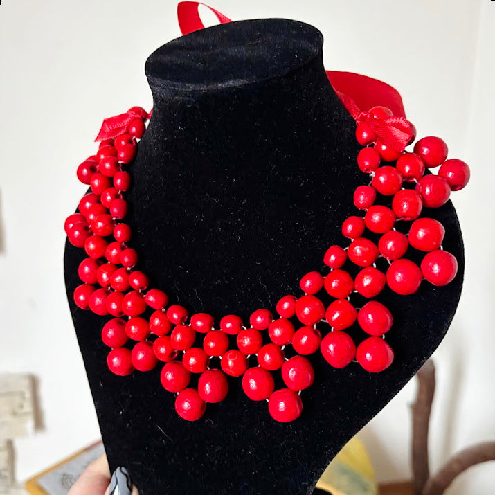 Red Wooden Bead Necklace, Chunky Ukrainian Style Statement Jewelry, Boho Red Berry Bib Necklace with Ribbon Tie, Handmade Gift for Her