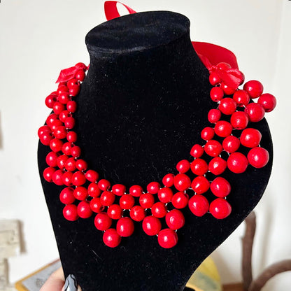 Red Wooden Bead Necklace, Chunky Ukrainian Style Statement Jewelry, Boho Red Berry Bib Necklace with Ribbon Tie, Handmade Gift for Her