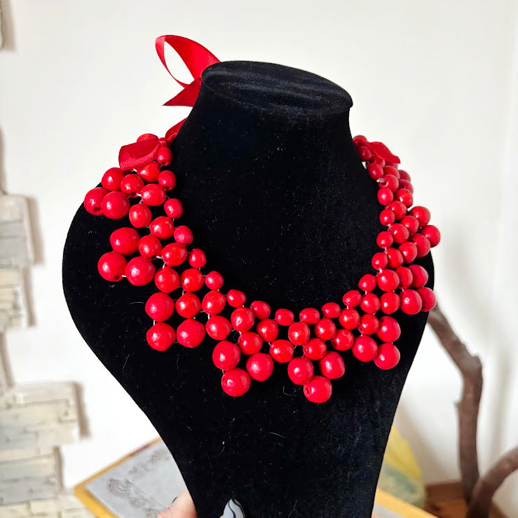 Red Wooden Bead Necklace, Chunky Ukrainian Style Statement Jewelry, Boho Red Berry Bib Necklace with Ribbon Tie, Handmade Gift for Her