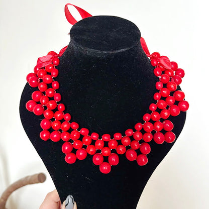 Red Wooden Bead Necklace, Chunky Ukrainian Style Statement Jewelry, Boho Red Berry Bib Necklace with Ribbon Tie, Handmade Gift for Her