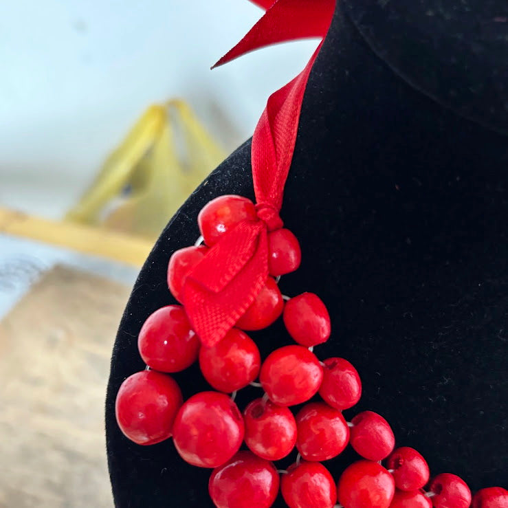 Red Wooden Bead Necklace, Chunky Ukrainian Style Statement Jewelry, Boho Red Berry Bib Necklace with Ribbon Tie, Handmade Gift for Her
