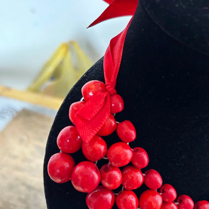 Red Wooden Bead Necklace, Chunky Ukrainian Style Statement Jewelry, Boho Red Berry Bib Necklace with Ribbon Tie, Handmade Gift for Her