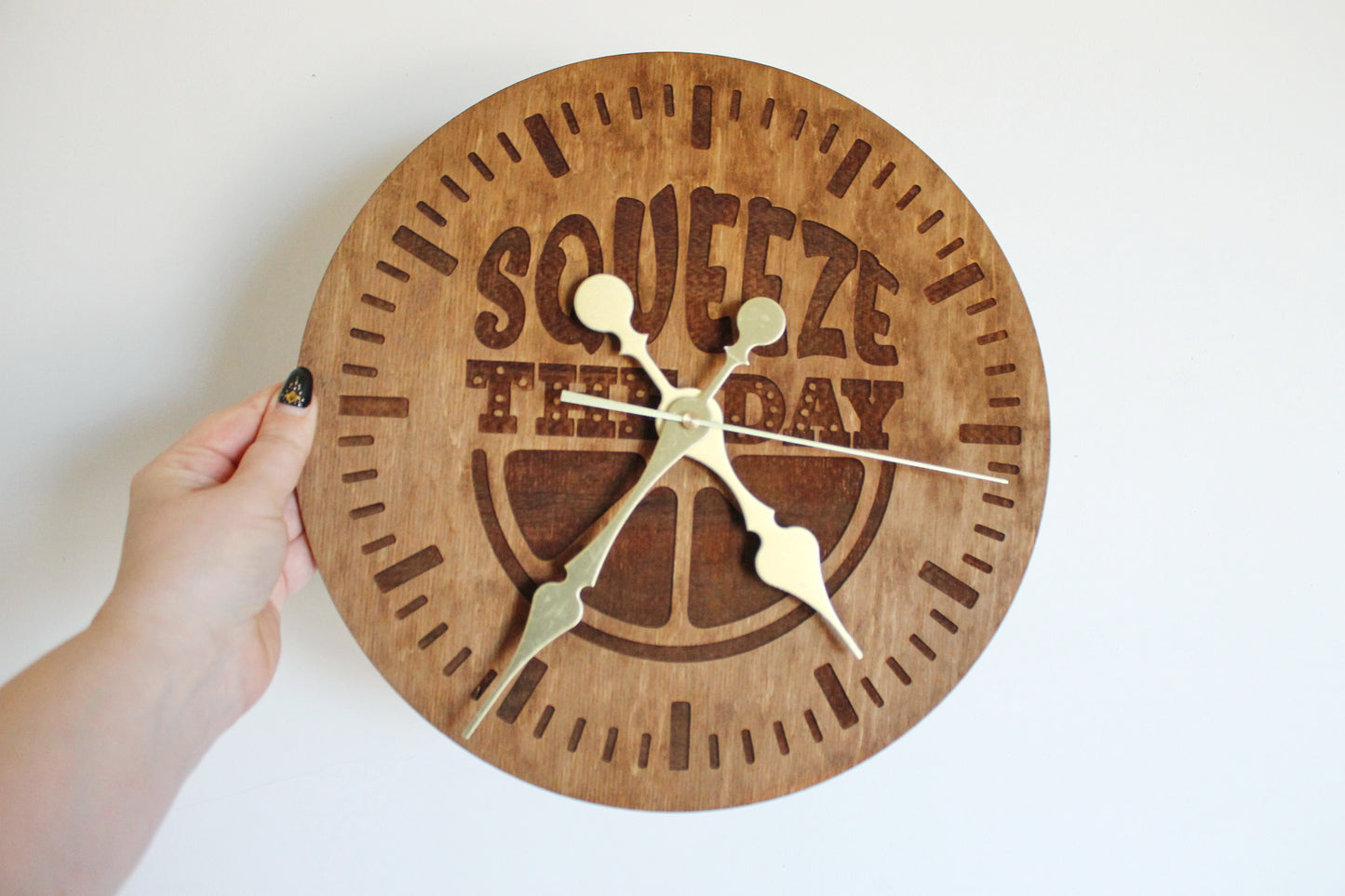 Wooden clock "Squeeze the day" - chestnut color - 310 mm - 12.2 inches - handmade clock - Silent clock mechanism