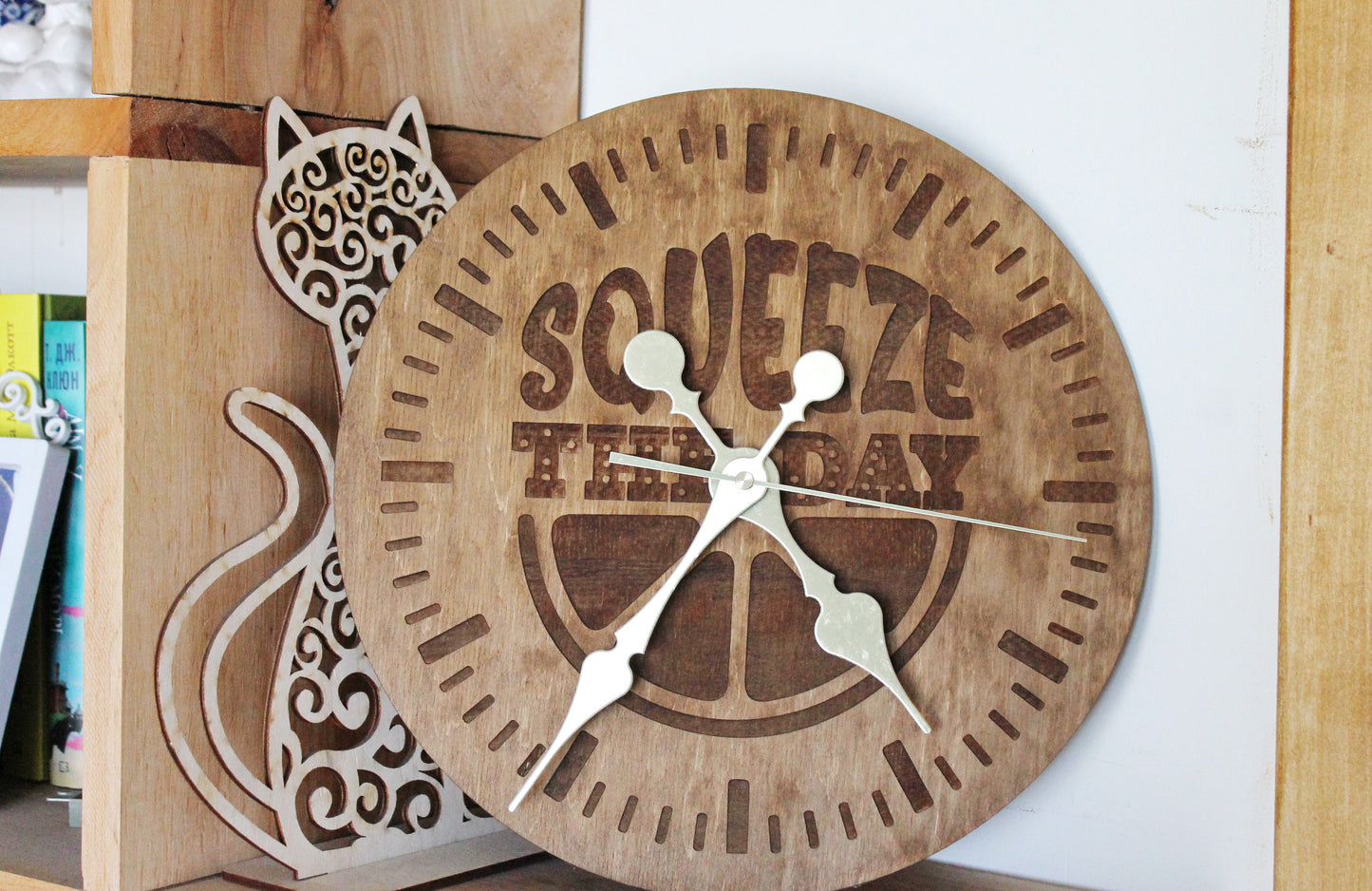 Wooden clock "Squeeze the day" - chestnut color - 310 mm - 12.2 inches - handmade clock - Silent clock mechanism