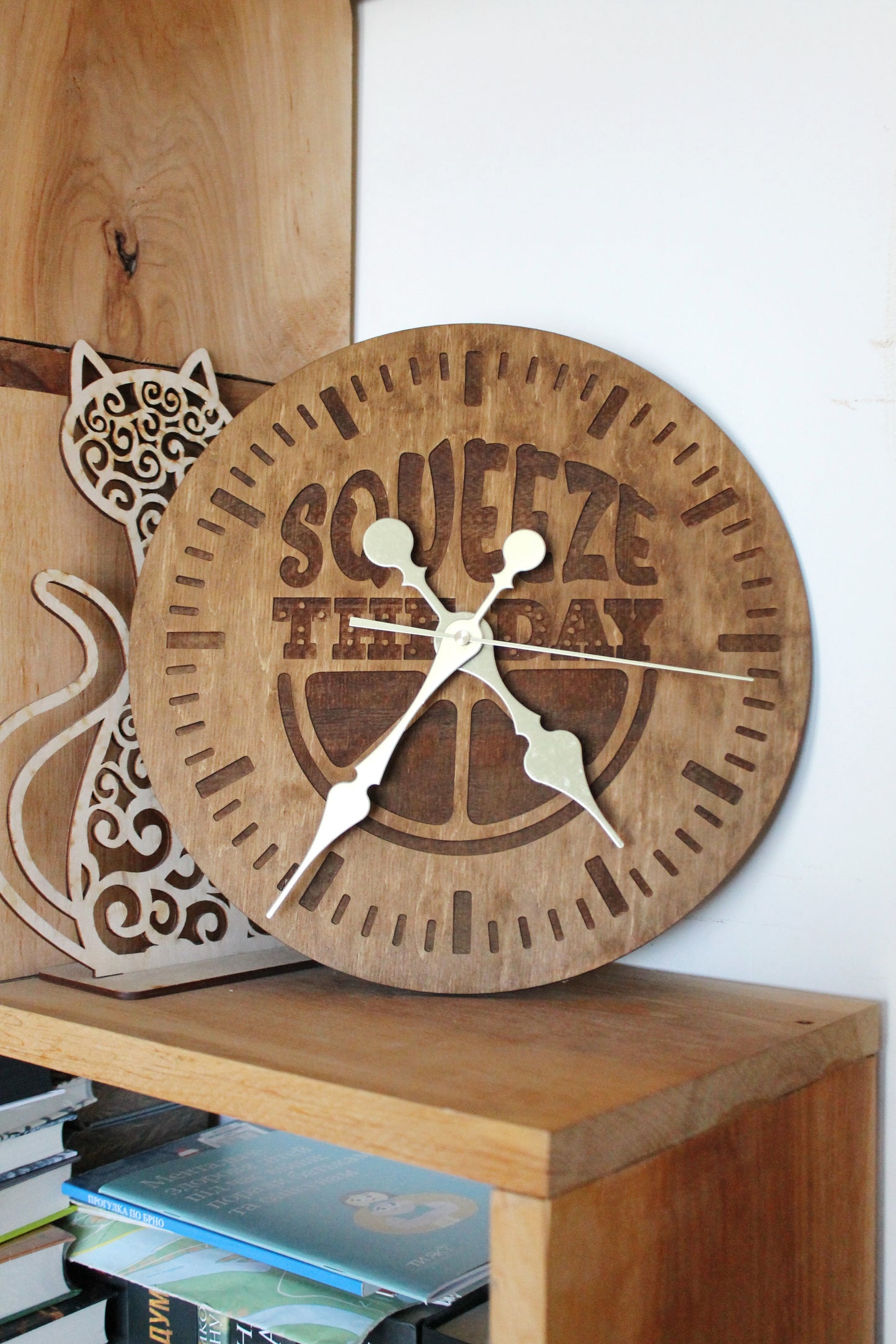 Wooden clock "Squeeze the day" - chestnut color - 310 mm - 12.2 inches - handmade clock - Silent clock mechanism