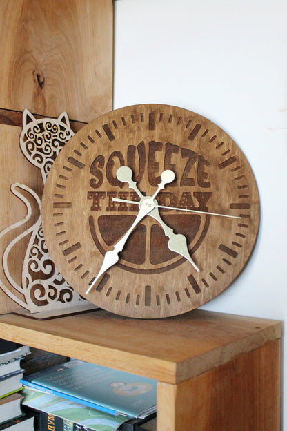 Wooden clock "Squeeze the day" - chestnut color - 310 mm - 12.2 inches - handmade clock - Silent clock mechanism