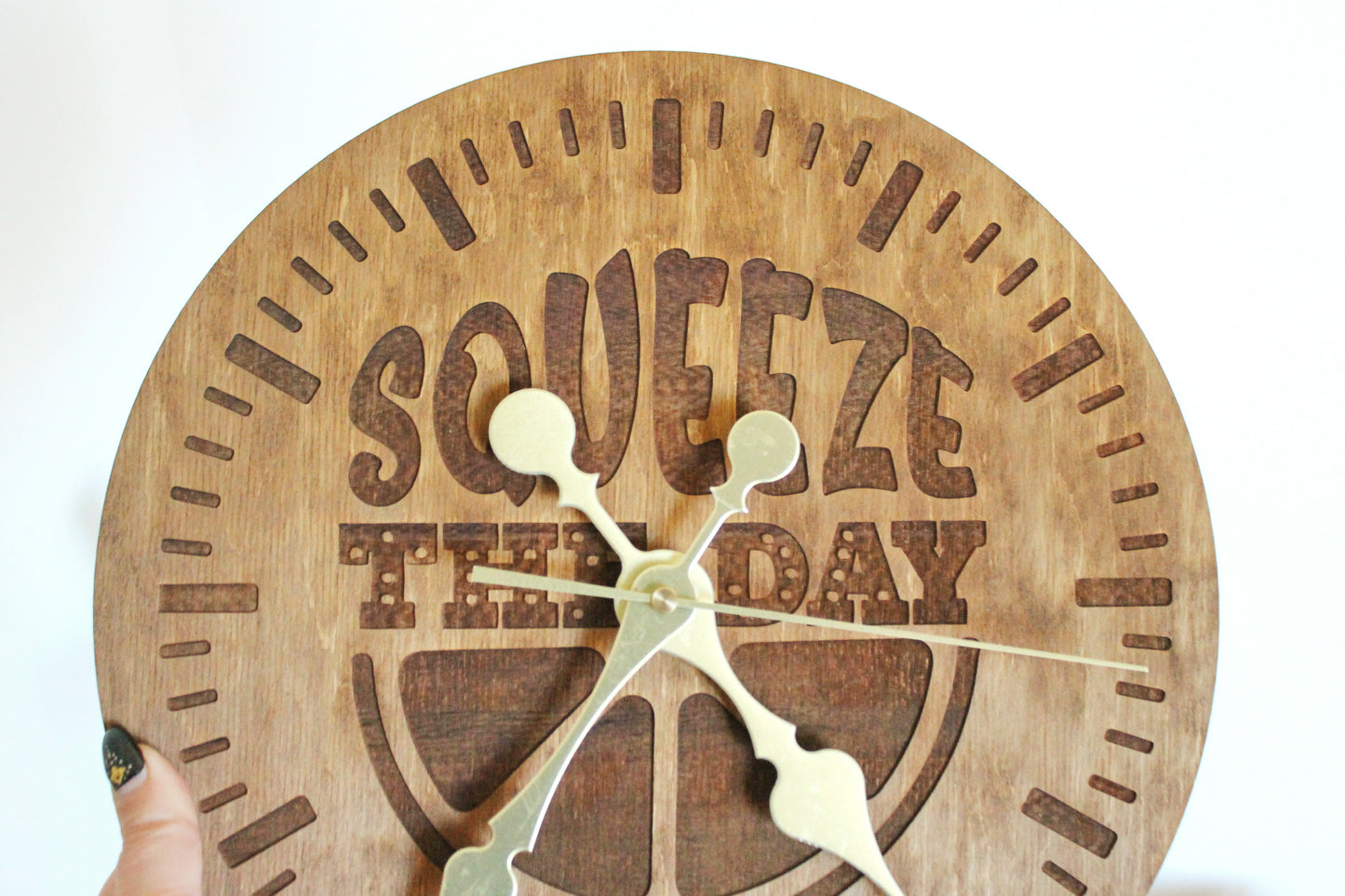 Wooden clock "Squeeze the day" - chestnut color - 310 mm - 12.2 inches - handmade clock - Silent clock mechanism