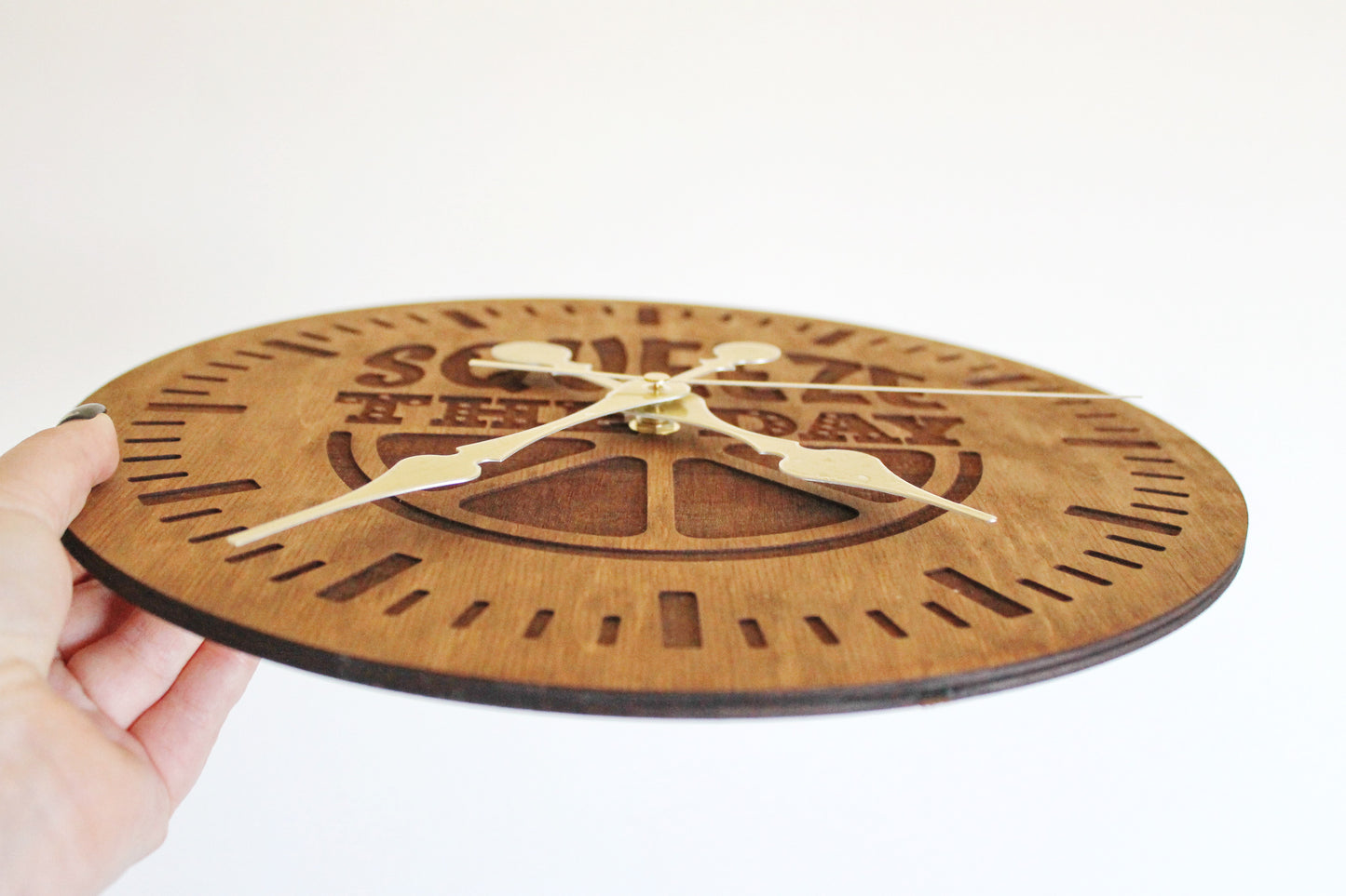 Wooden clock "Squeeze the day" - chestnut color - 310 mm - 12.2 inches - handmade clock - Silent clock mechanism