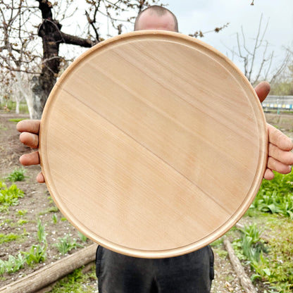 Large Wooden Pizza Board 37 cm/14.5 inch Round Serving Tray Beech Wood Platter with Rim Kitchen Serving Plate Cheese Board